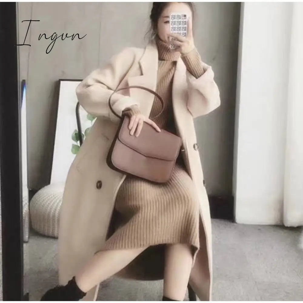 Ingvn - Turtleneck knitted sweater dress ladies fall winter elastic cashmere bottoming shirt midlength over the knee thick sweater dress