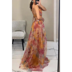 V-Neck Sexy Hollow Out Party Dress, Women Summer Loungewear Fashion Printing Maxi Dress, Sleeveless Lace-Up Ladies Dress Vestido
