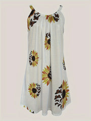 Sunflower Print Cami Dress, Vacation Sleeveless Loose Dress For Summer, Women's Clothing