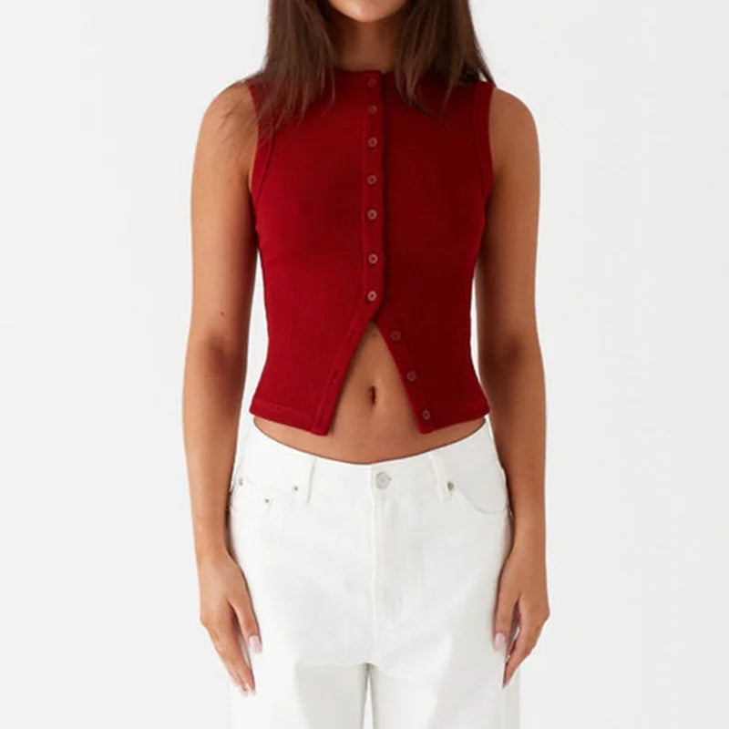 Women Tank Tops y2k Clothing Summer Solid Color Round Neck Sleeveless Button Down T Shirts Vest 2000s Aesthetic Clothes
