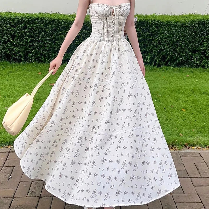Elegant Women French Style Lace Trim Floral Print Sling Long Dress Sexy Thin Straps A-line Summer Dresses Holiday Robe