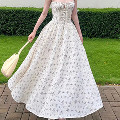 Elegant Women French Style Lace Trim Floral Print Sling Long Dress Sexy Thin Straps A-line Summer Dresses Holiday Robe