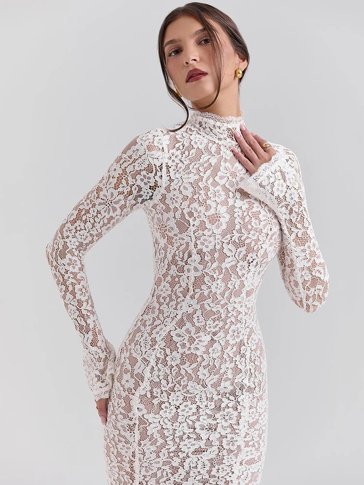 Lace Long Sleeve Sexy Midi Dress For Women Elegant White Half High Collar High Waist Bodycon Club Party Sexy Long Dress