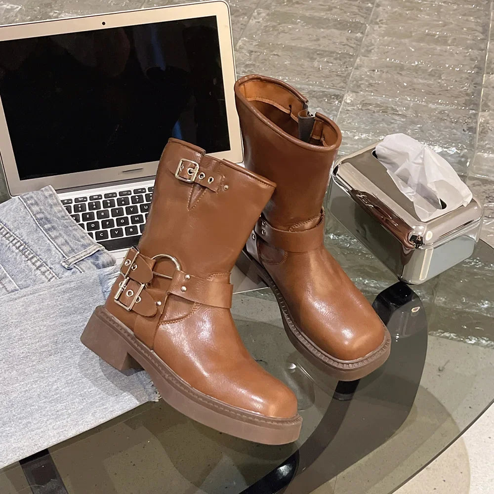 Woman Boots Knee High Platform Elegant Low Heel Trend Punk Gothic New Pu Leather Fashion Women's Shoes Motorcycle Botas Footwear