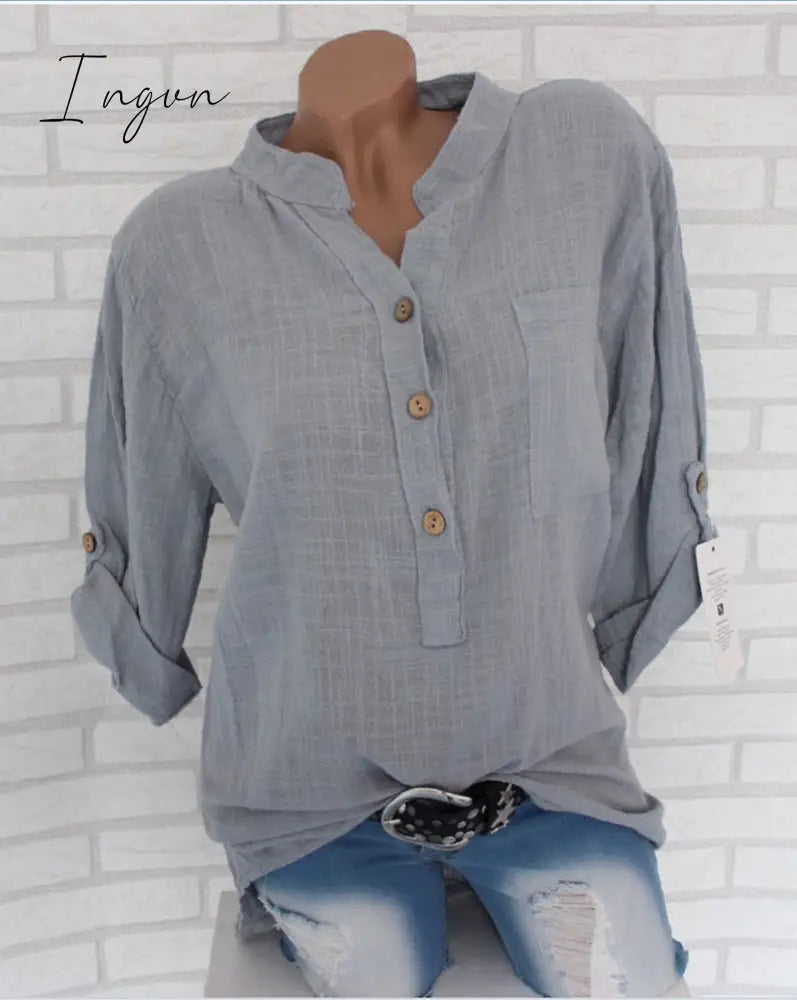 Ingvn - Oversized Women Blouses Cotton Linen Blouse Autumn Shirts Casual Long Sleeve Button V Neck Loose Shirt Lady Tops Plus Size S-5XL
