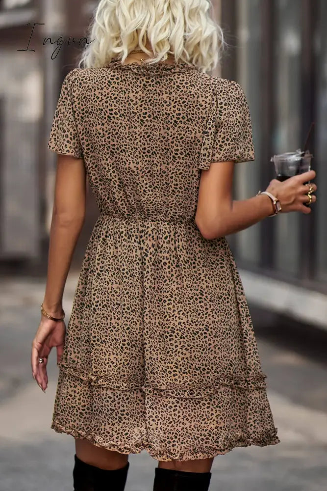 Ingvn - Printed Flutter Sleeve V-Neck Dress