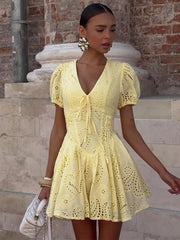 Trendix Yellow Elegant Dress Women Summer Sexy Deep V Neck Lace Up Short Sleeve Dresses Street Casual Vacation Ruffle Mini Dress