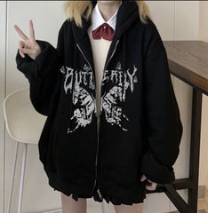 Y2K Retro Dark Gray Butterfly Zipper Hooded Sweatshirt 90s Harajuku Punk Gothic Zip Up Hoodie Long-sleeved Loose Jacket