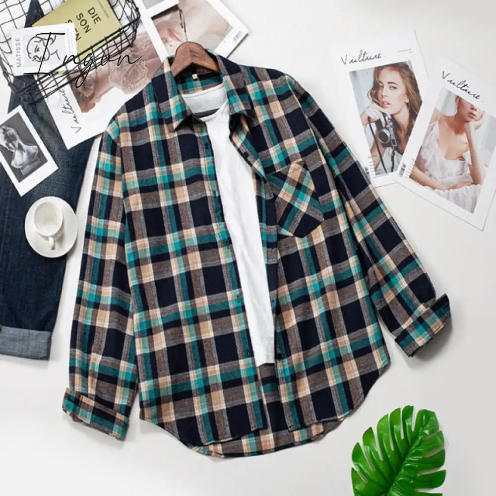 Ingvn - Plaid Shirts Women Top And Blouses Long Sleeve Oversized Cotton Ladies Casual Blusas One Pocket Loose Female Checked Shirt