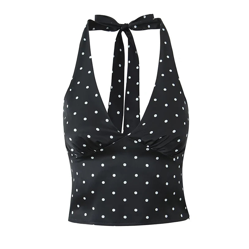 Women Vintage Polka Dot Halter Top Sexy Backless Fit Slim Holiday Summer Crop Top