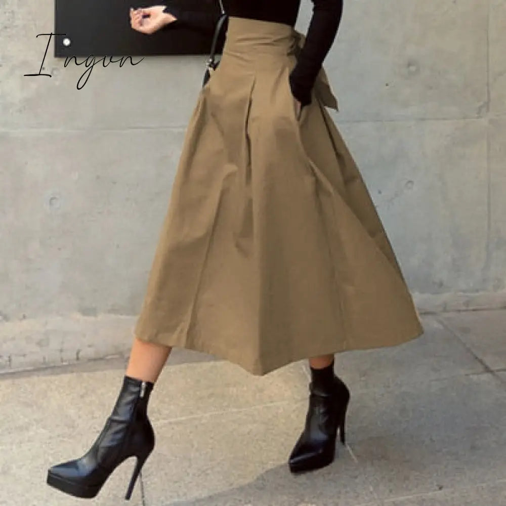 Ingvn - Spring Outfits Trends Skirts Womens Korean Fashion Solid Color Big Swing Ladies Skirt Long Skirt Autumn Wild High Waist Bow Slim Skirts