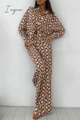 Ingvn - Casual Geometric Print Buttons Turndown Collar Long Sleeve Two Pieces