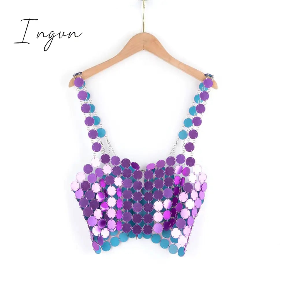 Ingvn - Leqoel Women Sequined Tank Tops for Women Fashion Female Clothing Shiny Metal Shoulder Strap Sexy Backless Mesh Crop Top