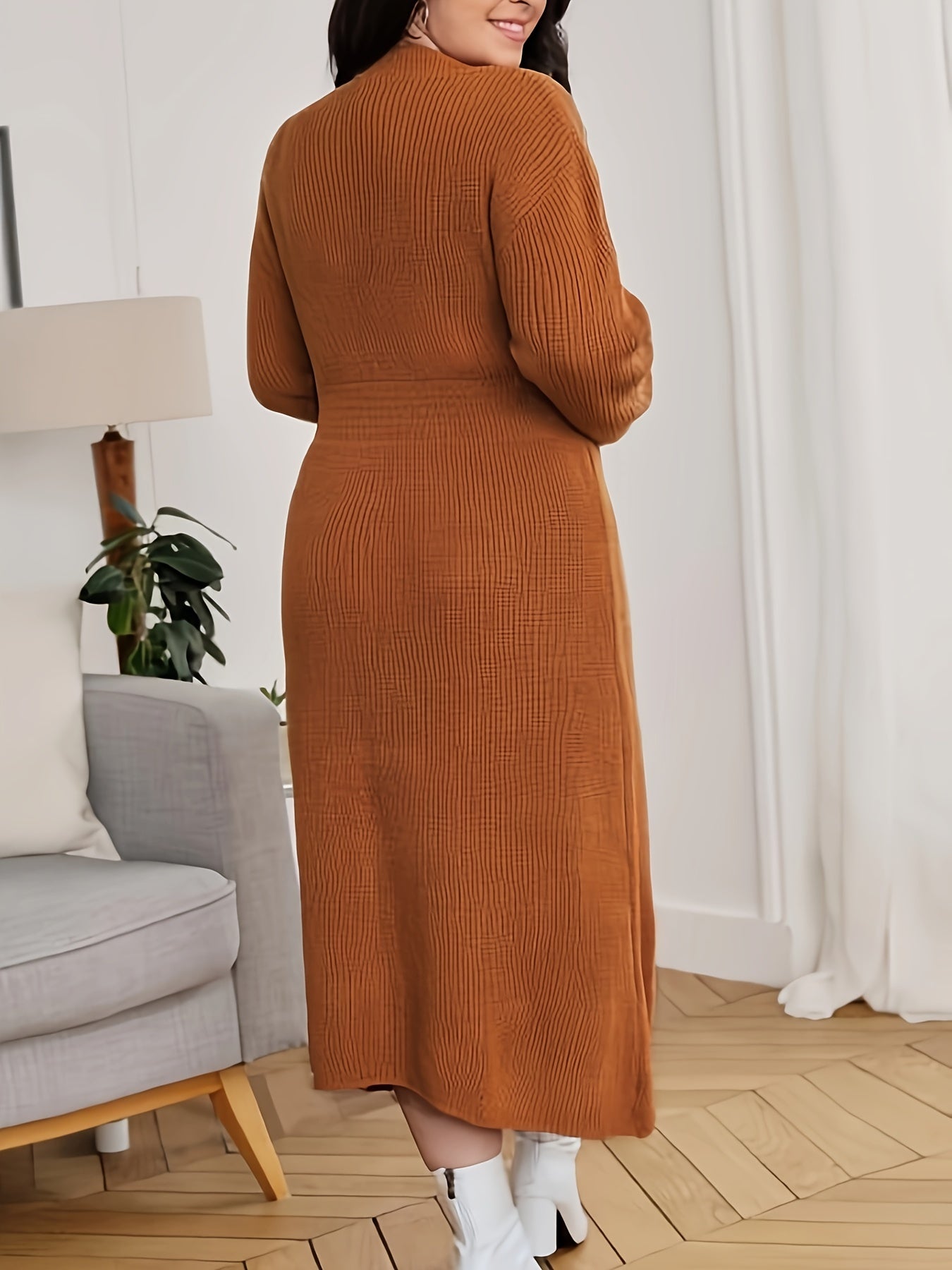 Simple Solid Midi Dress, Casual V Neck Long Sleeve Dress, Women's Clothing