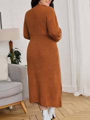 Simple Solid Midi Dress, Casual V Neck Long Sleeve Dress, Women's Clothing