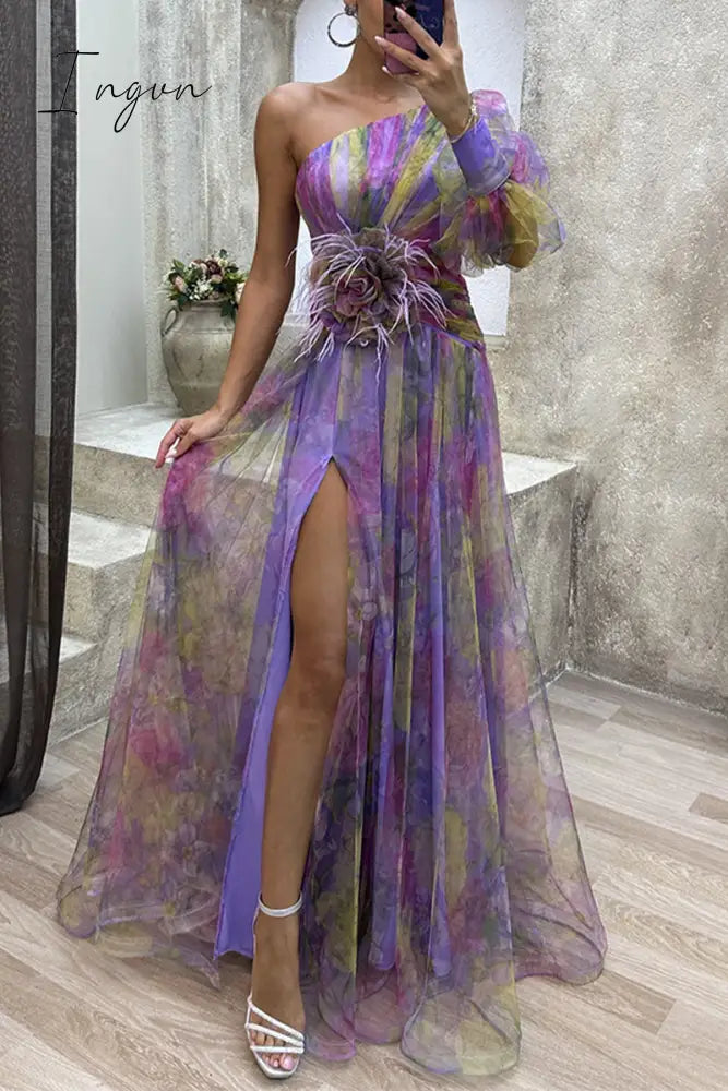 Ingvn - Elegant Gradual Change Slit Oblique Collar Evening Dress Dresses