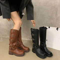 Ingvn  Square Toe Women Western Cowgirl Boots Fashion Belt Buckle Knight Long Booties Autumn Winter Female Low Heel Shoes
