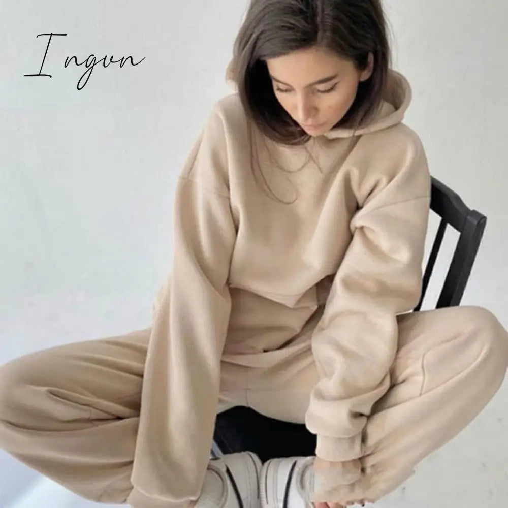 Ingvn - 2 Piece Set Women Spring Autumn Tracksuit Solid Hooded Sweatshirt Top And Wide Leg Pants Suits Loose Casual Fashion Sportswear