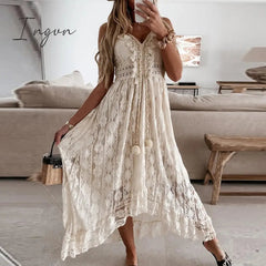 Ingvn - Women Sexy V Neck Tassel Long Dress Summer Sleeveless Off Shoulder Party Dress Elegant Hollow Out Crochet Lace Beach Dress