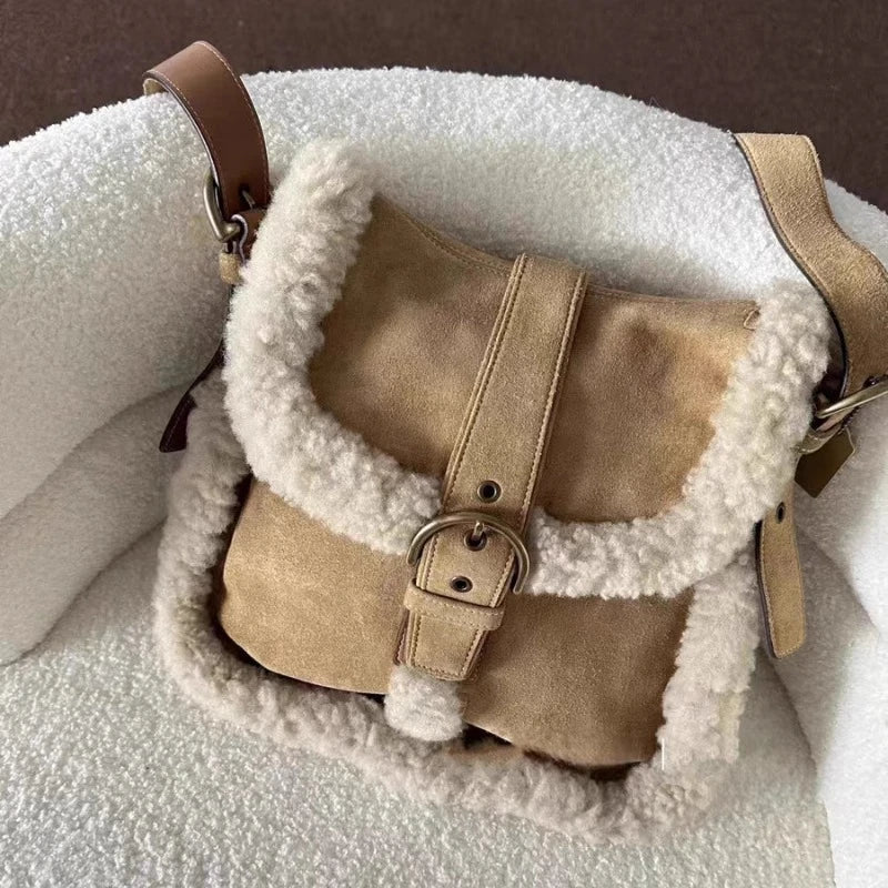 INGVN  Luxury Design Patchwork Fluffy Crossbody Bag Casual Women Vintage Trendy Handbags Streetwear Fashion Y2k Aesthetic Shoulder Bags