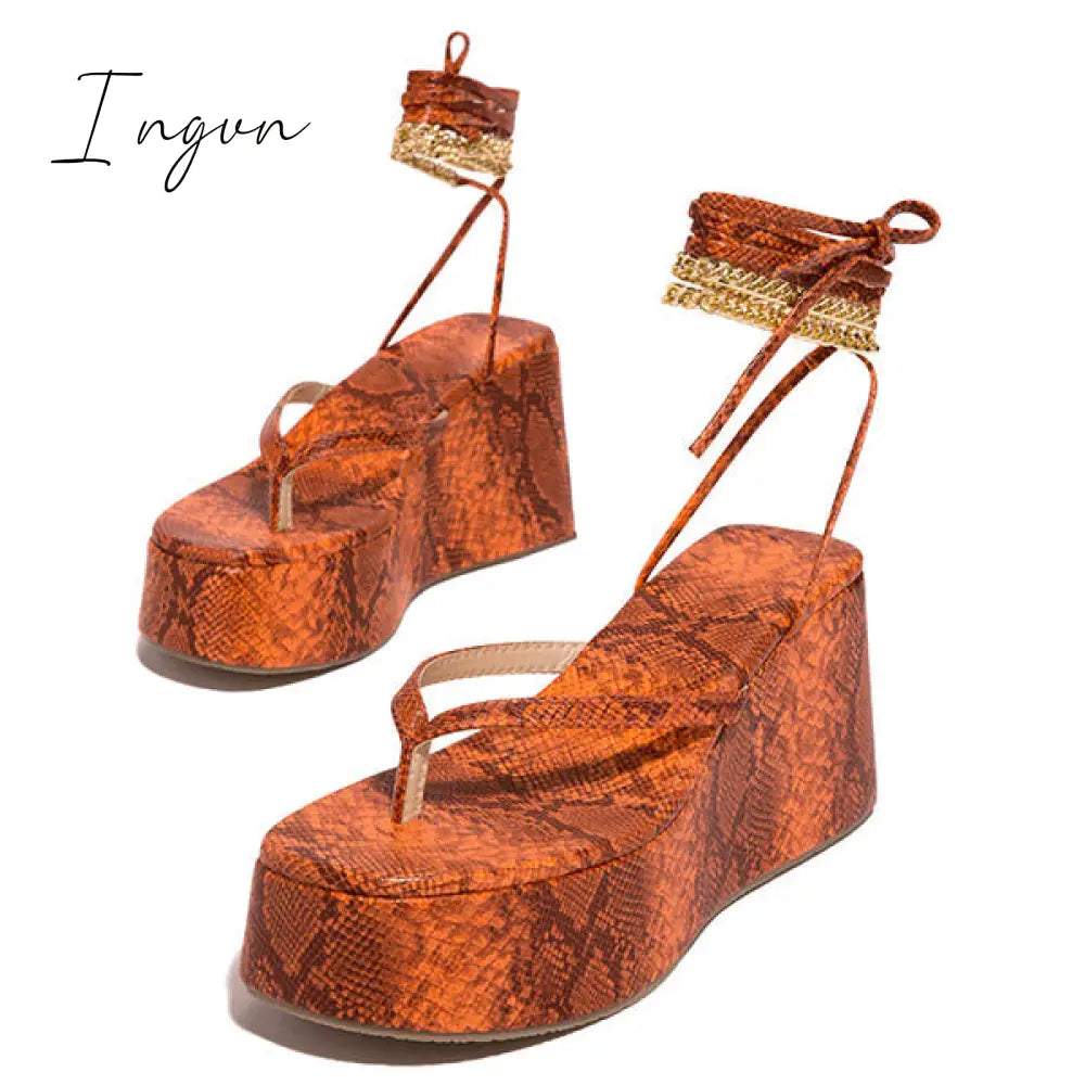 Ingvn - Ankle Chain Lace-Up Thong Entry Wedge Platform Sandals