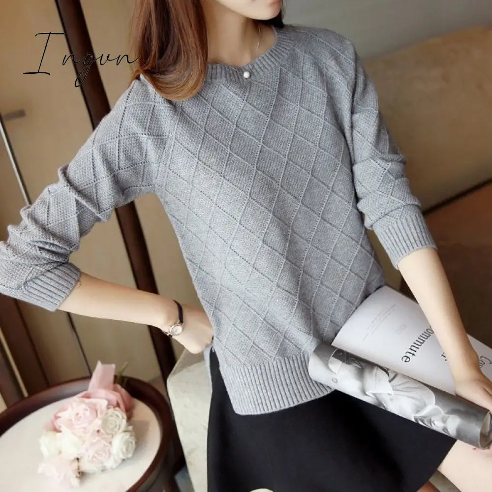 Ingvn - Sweater Women Fall Winter Knitted Sweater Cropped Sweater Korean Fashion 2023 Pullover Sweaters Plaid Clothes Solid Loose Tops