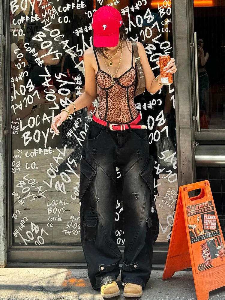 Sexy Leopard Print Bodysuits Women Thin Low-Neck Sleeveless Backless Street Hip-Hop Style Summer Trend Versatile Outfits