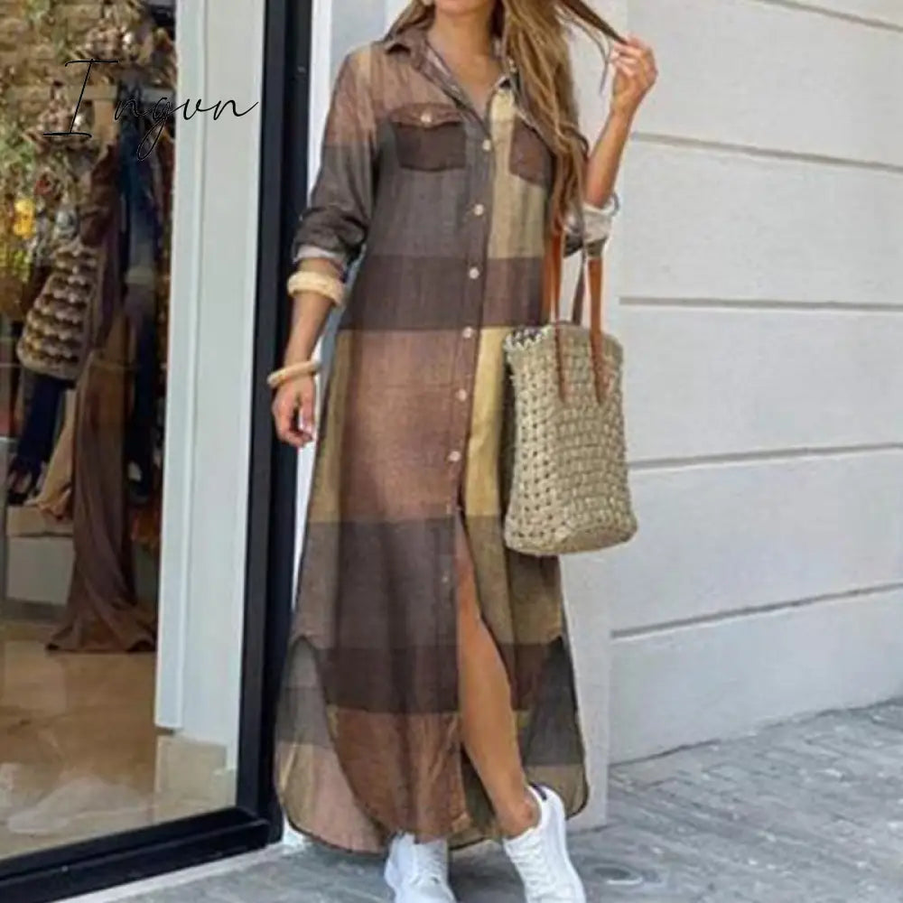 Ingvn - Fashion Women Long Sleeve Shirt Dress Autumn  Printed OL Long Dresses Laides Turn-down Collar Loose Sundress Party Dresses