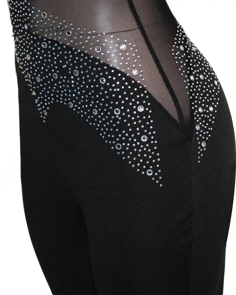 Ingvn - Women Elegant Formal Gown Maxi Dress Female Stylish Long Party Dress Rhinestone Mesh Splicing Evening Dress