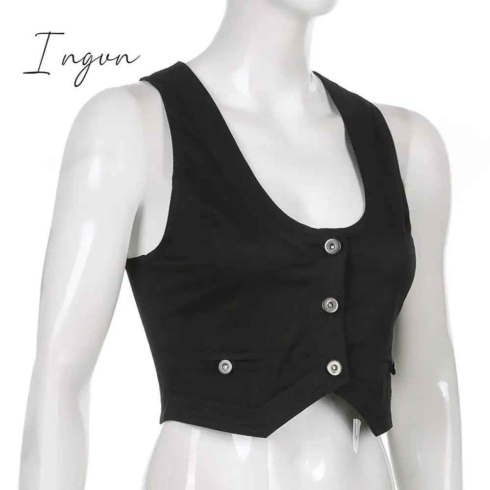 Ingvn - y2k Button Corset Top Black Sleeveless Tank Tops Skinny V Neck Aesthetic Punk Crop Top Grunge Fairycore Women Vests