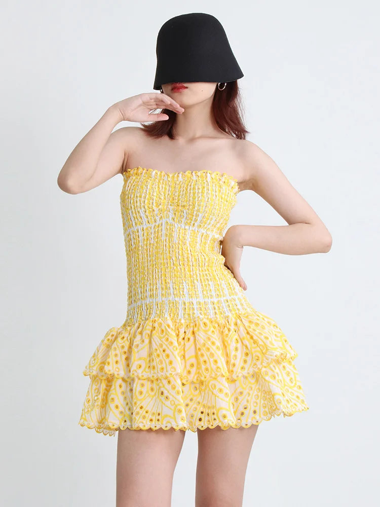 Cut Out Layered Hem Sexy Dress For Women Strapless Sleeveless Off Shoulder High Waist Mini Dresses Female Clothing