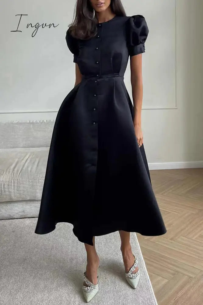 Ingvn - Elegant Solid Buckle O Neck A Line Short Sleeve Dress(5 Colors)