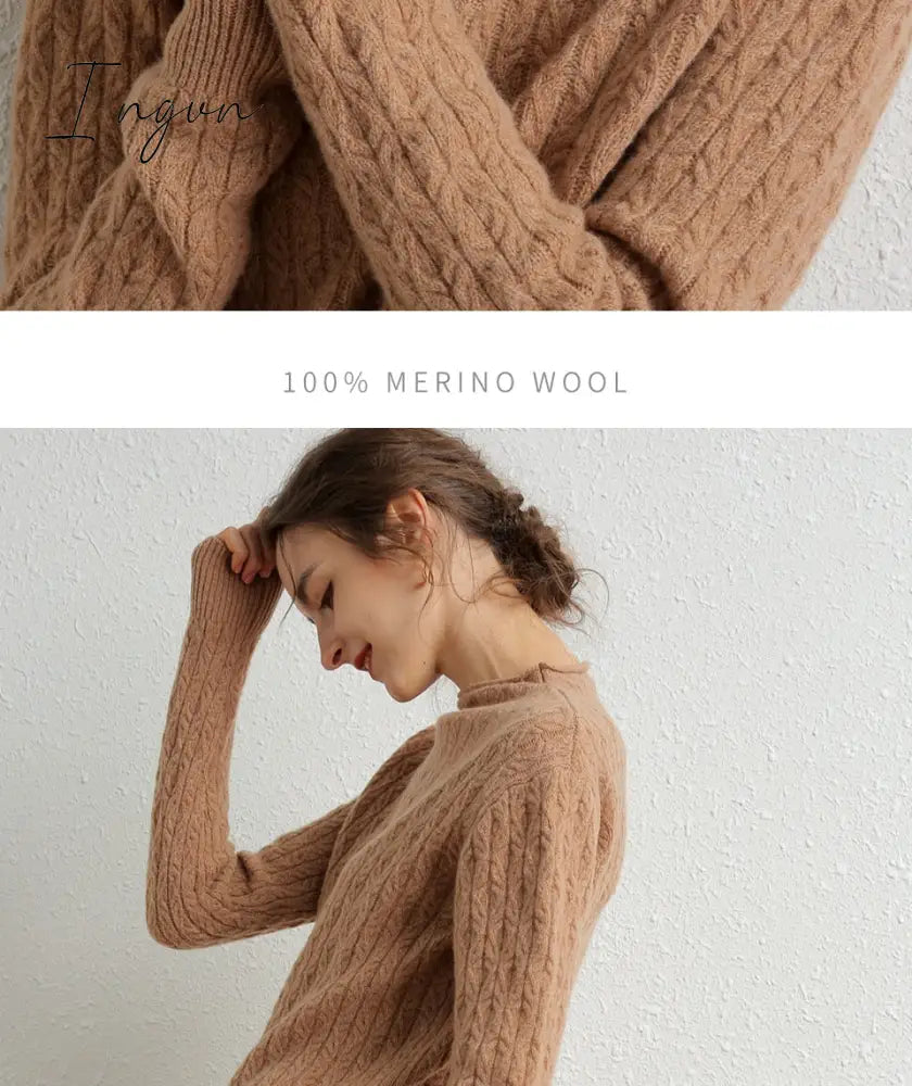 Ingvn - 100% Merino Wool Cashmere Sweater Women Winter Warm O-Neck Long Sleeve Ladies Pullover knitted Autumn Jumper Vintage Sweater