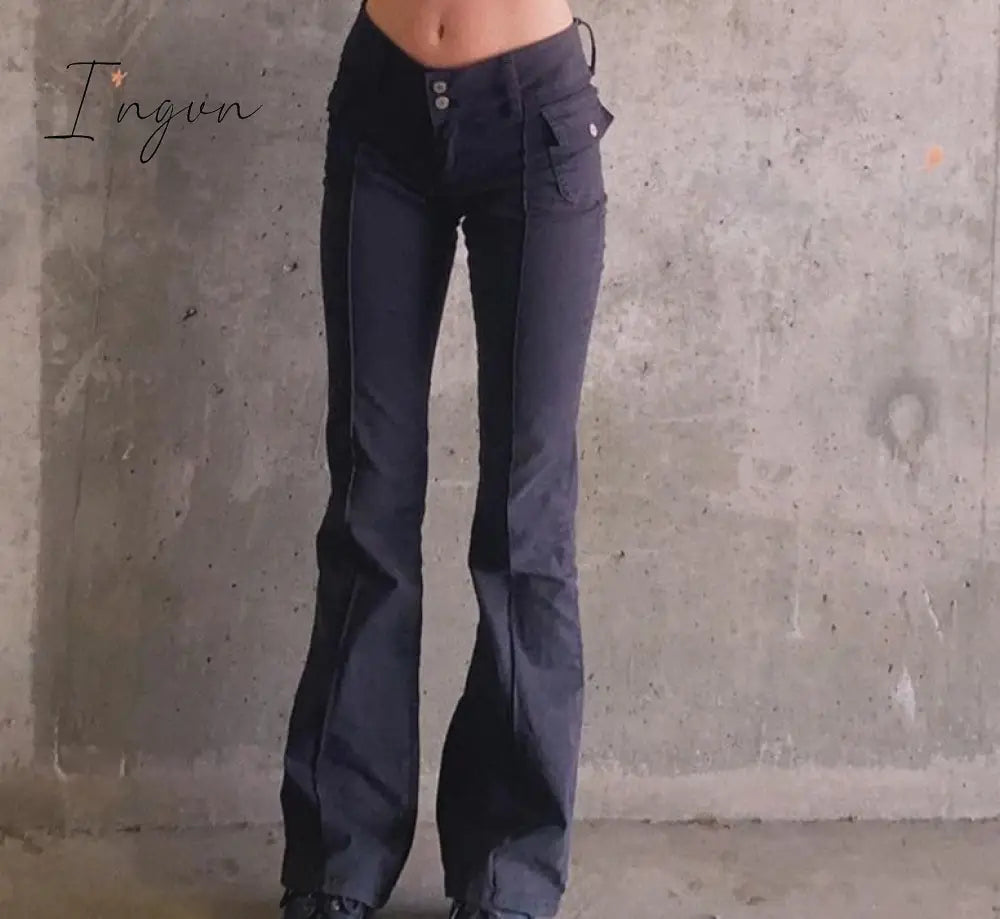 Ingvn - Indie Aesthetics Slim Low Waist Flare Pants E-girl Vintage Pockets Solid Y2K Pants Autumn 90s Fashion Black Trousers