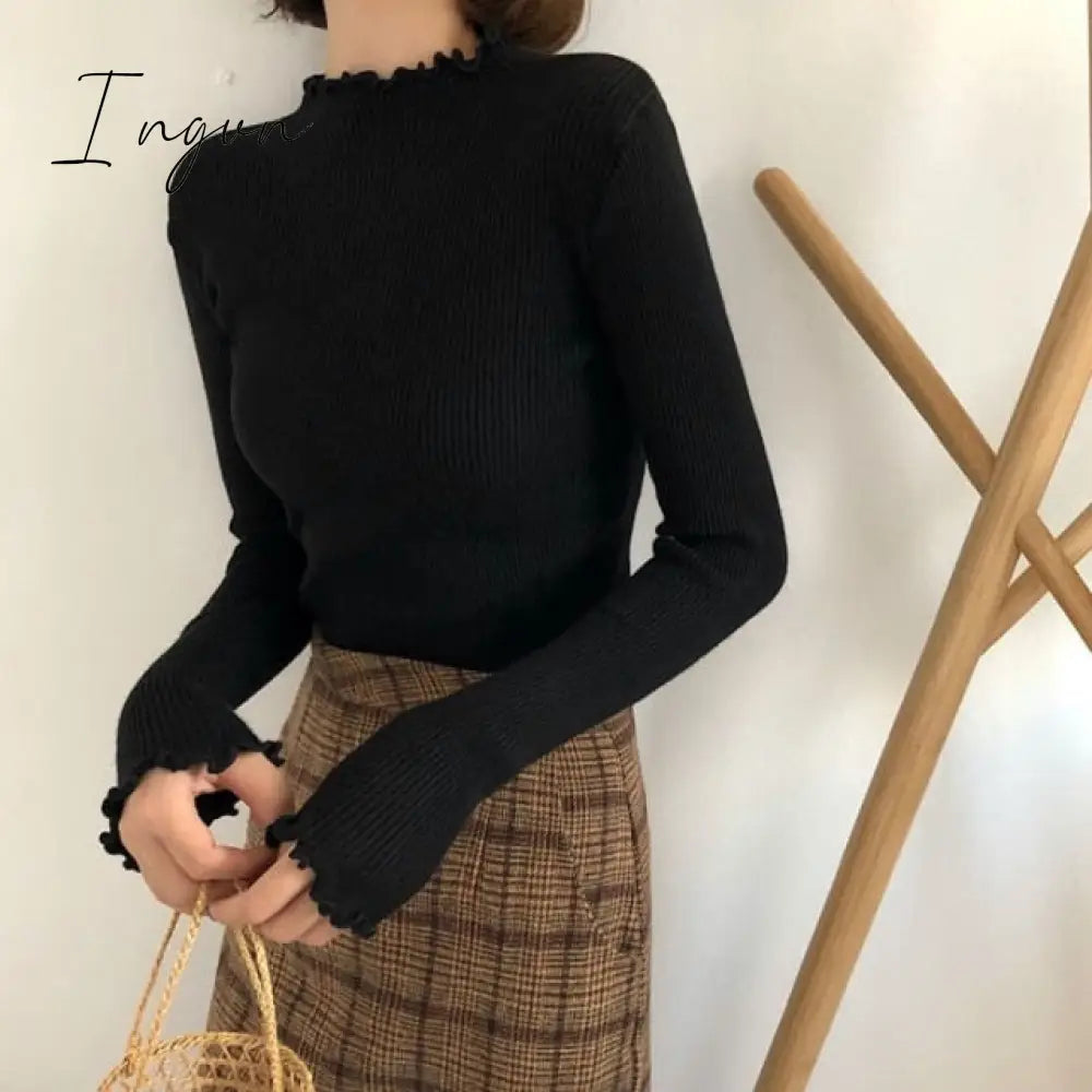 Ingvn - Turtleneck Ruched Women Sweater High Elastic Solid Fall Winter Fashion Sweater Women Slim Sexy Knitted Pullovers Pink White