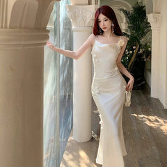 Elegant Fashion Party Sleeveless Satin Midi Dresses for Women Summer New Sexy Slim Spaghetti Strap Mermaid Female Clothing