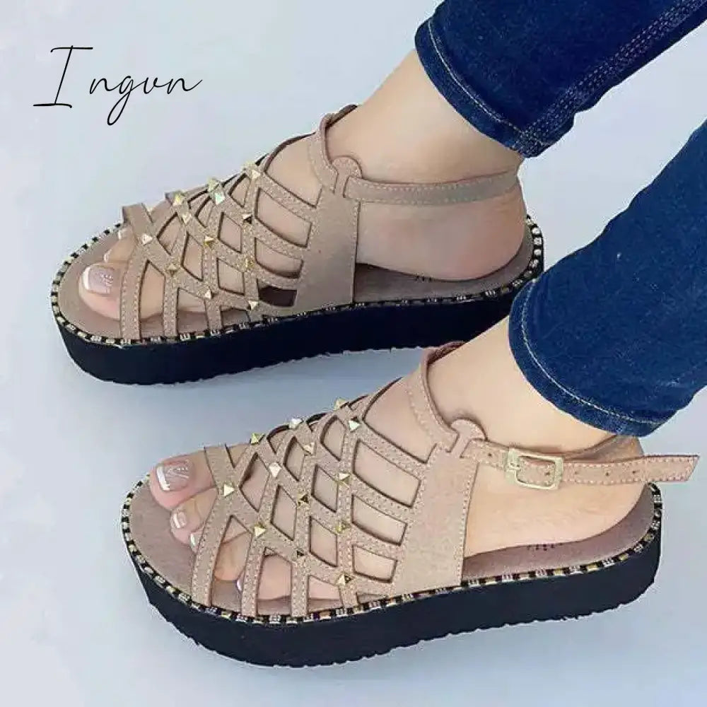 Ingvn - Fashion 2024 Summer Platform Sandals Women Casual Rubber Sole Non-slip Women Shoes Comfortable Peep Toe Rivet Beach Sandals