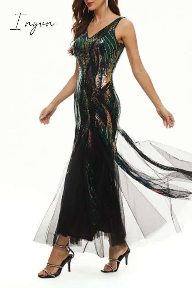 Ingvn - Celebrities Elegant Color Block Patchwork V Neck Evening Dress Dresses
