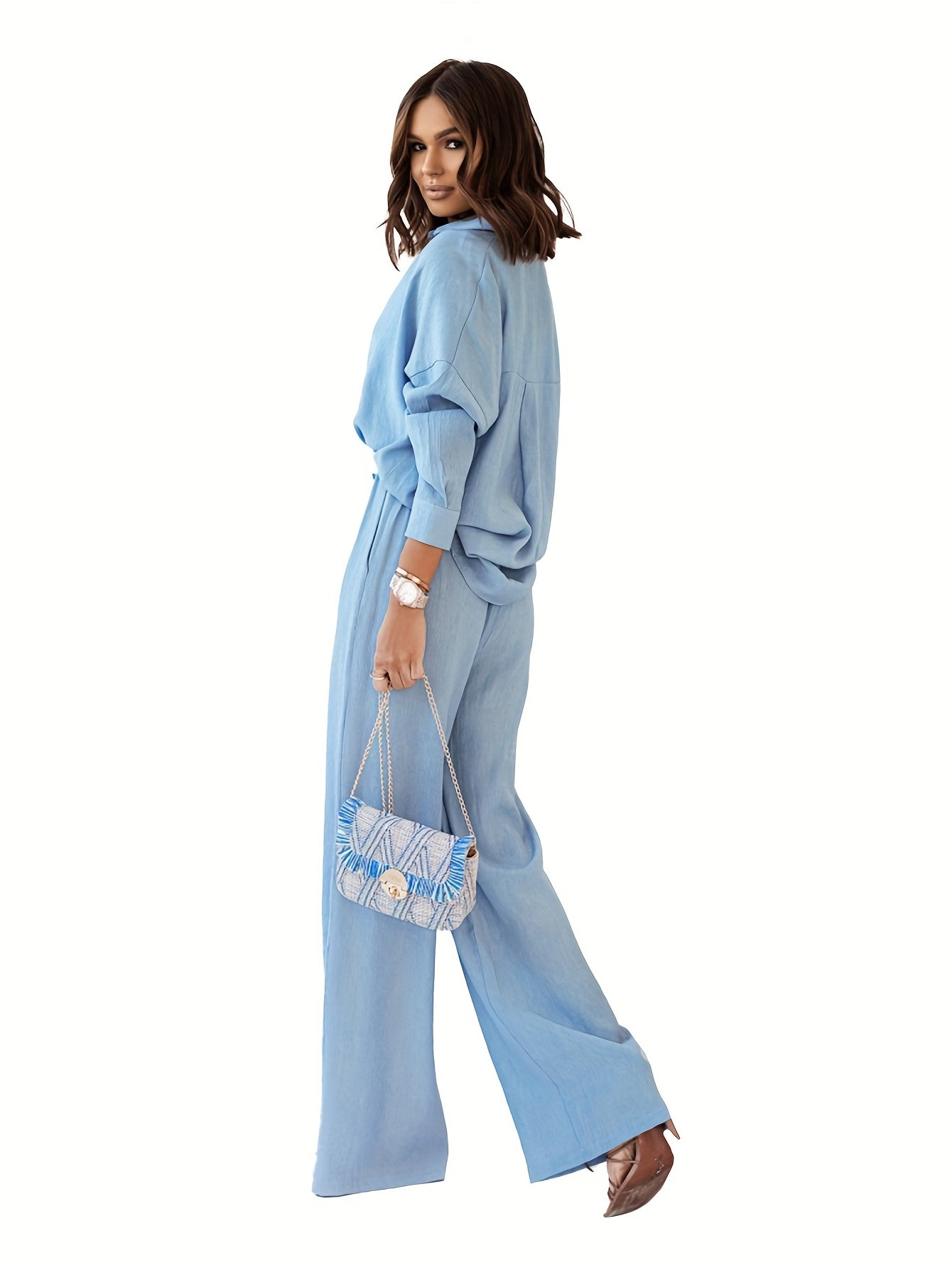 Plus Size Casual Outfits Two Piece Set, Women's Plus Solid Button Up Long Sleeve Turn Down Collar Blouse & Elastic Drawstring Wide Leg Pants Outfits 2 Piece Set