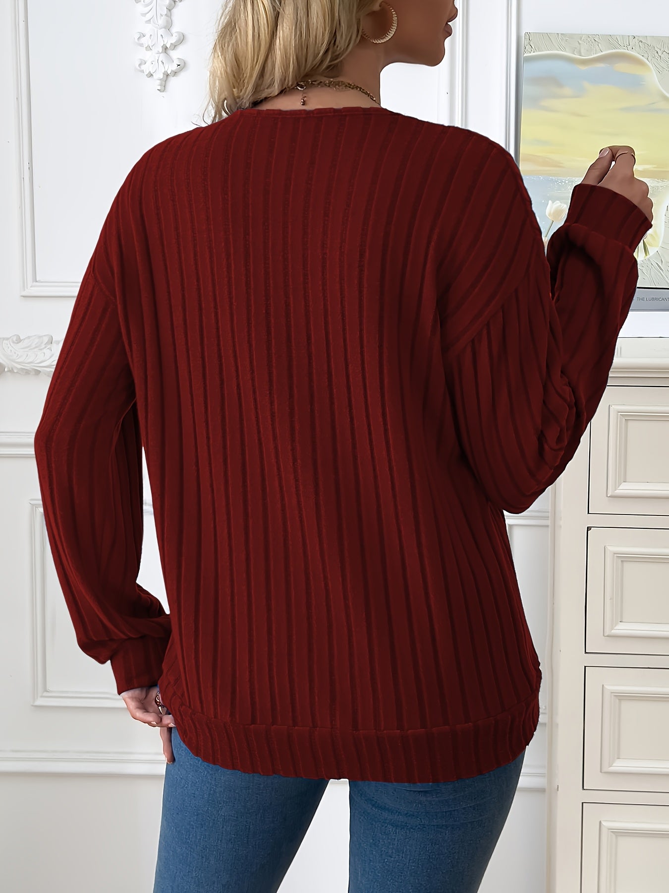 1pc Elegant Women'S V-Neck Ribbed Sweater - 100% Polyester Knit Fabric, Solid Color, Long Sleeve, Regular Length for Spring/Fall