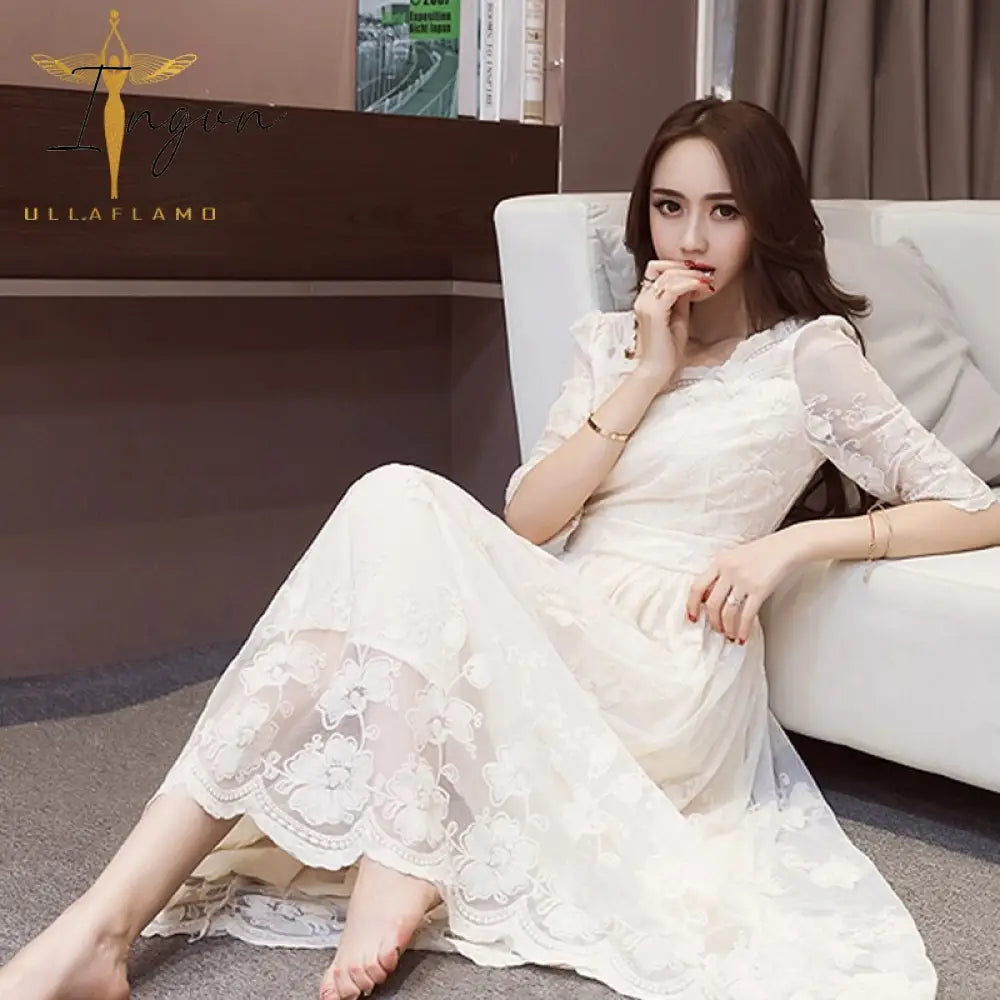 Ingvn - Fashion Trends Sexy Lace Ruffled Hollow Out See Through Evening Party Dress Elegant Temperament Mesh Solid Nightclub Splice  Robes Vestidos