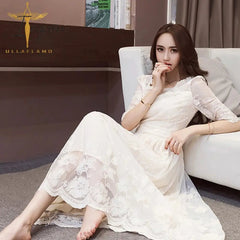 Ingvn - Fashion Trends Sexy Lace Ruffled Hollow Out See Through Evening Party Dress Elegant Temperament Mesh Solid Nightclub Splice  Robes Vestidos