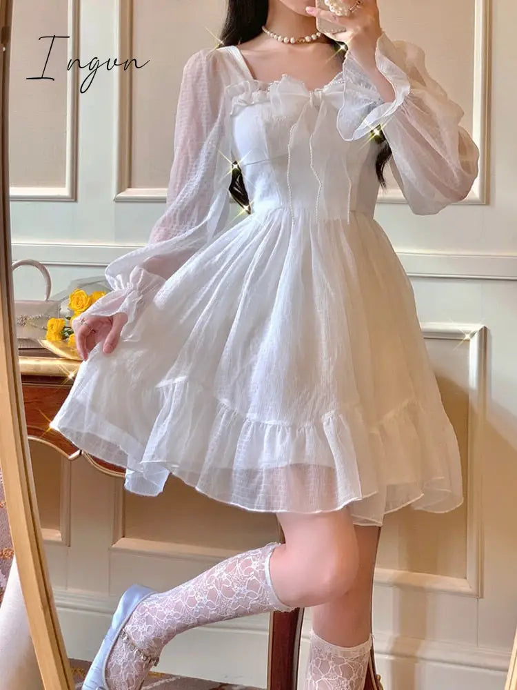 Ingvn - French Sweet Fairy Lolita Dress Women Long Sleeve Lace Y2k Mini Dress Vintage Kawaii Clothes One Piece Dress Korean Autumn