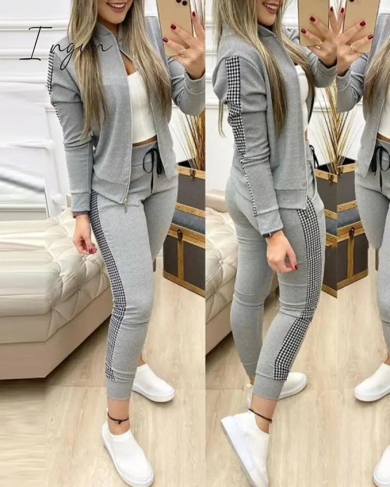 Ingvn - Fashion Tracksuit 2 Piece Set Autumn Winter Zipper Jacket + Long Pants Sports Suit Female Sweatshirt Sportswear Suit For Woman