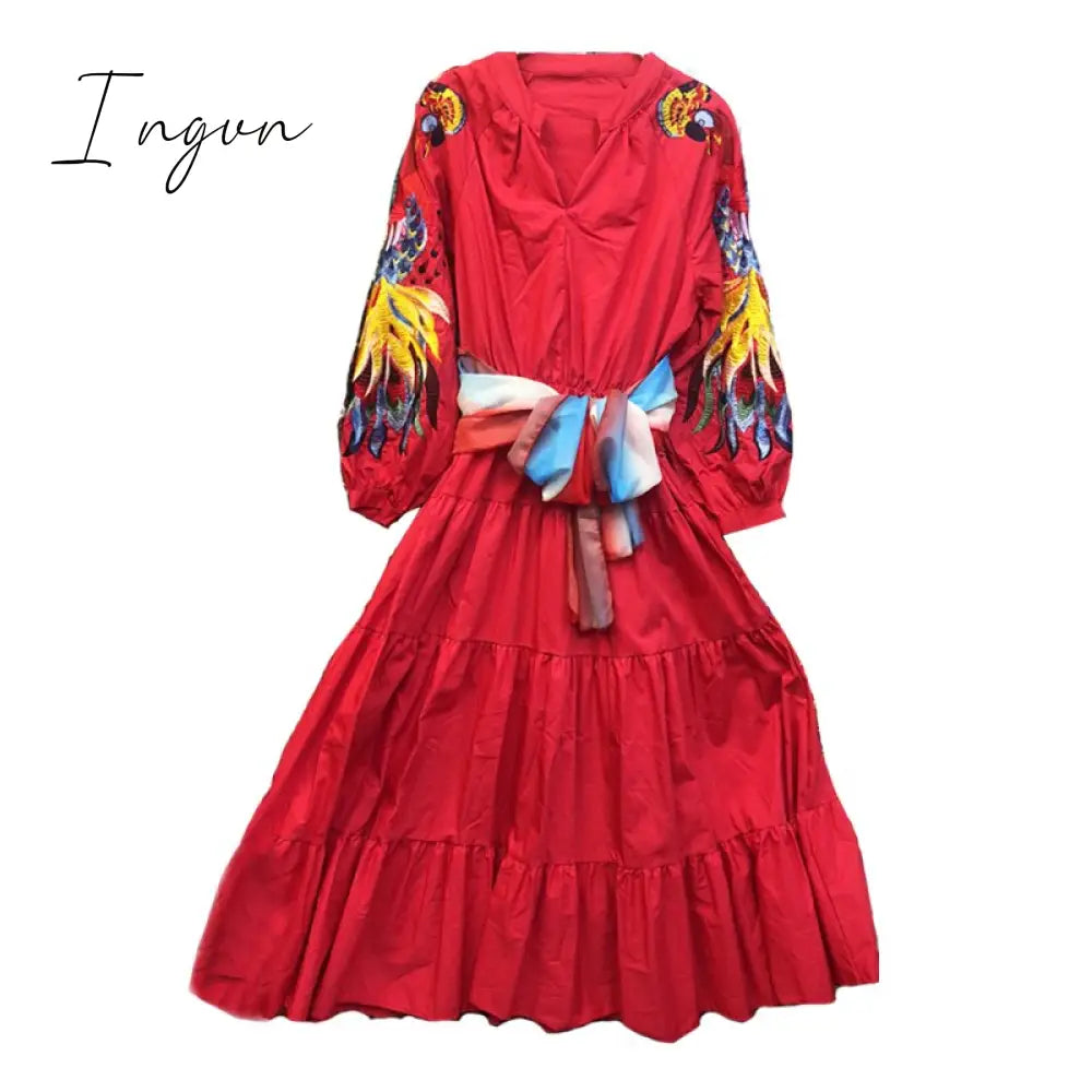 Ingvn - High Quality Luxury Design Runway Female Elegant Embroidery Women Dress Lantern Sleeve High Waist Maxi Long Dresses