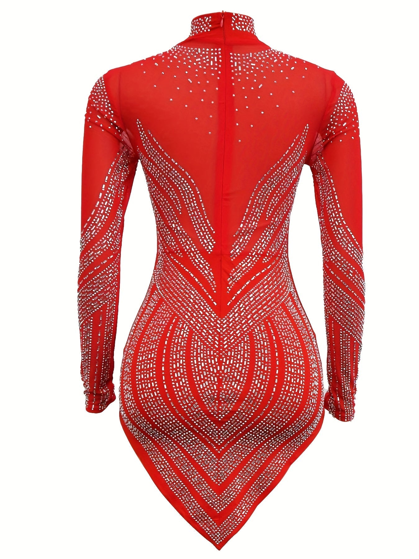 Rhinestone Semi-Sheer Dress, Sexy High Neck Long Sleeve Bodycon Party Dress, Women's Clothing