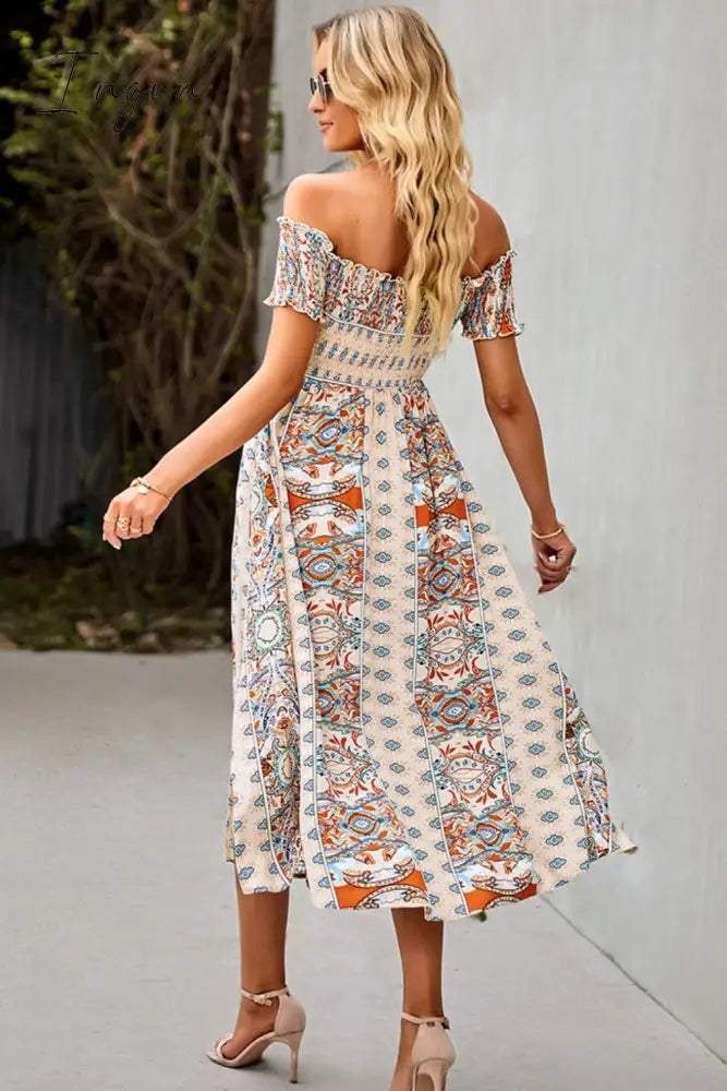 Ingvn - Bohemian Off-Shoulder Frill Trim Split Dress