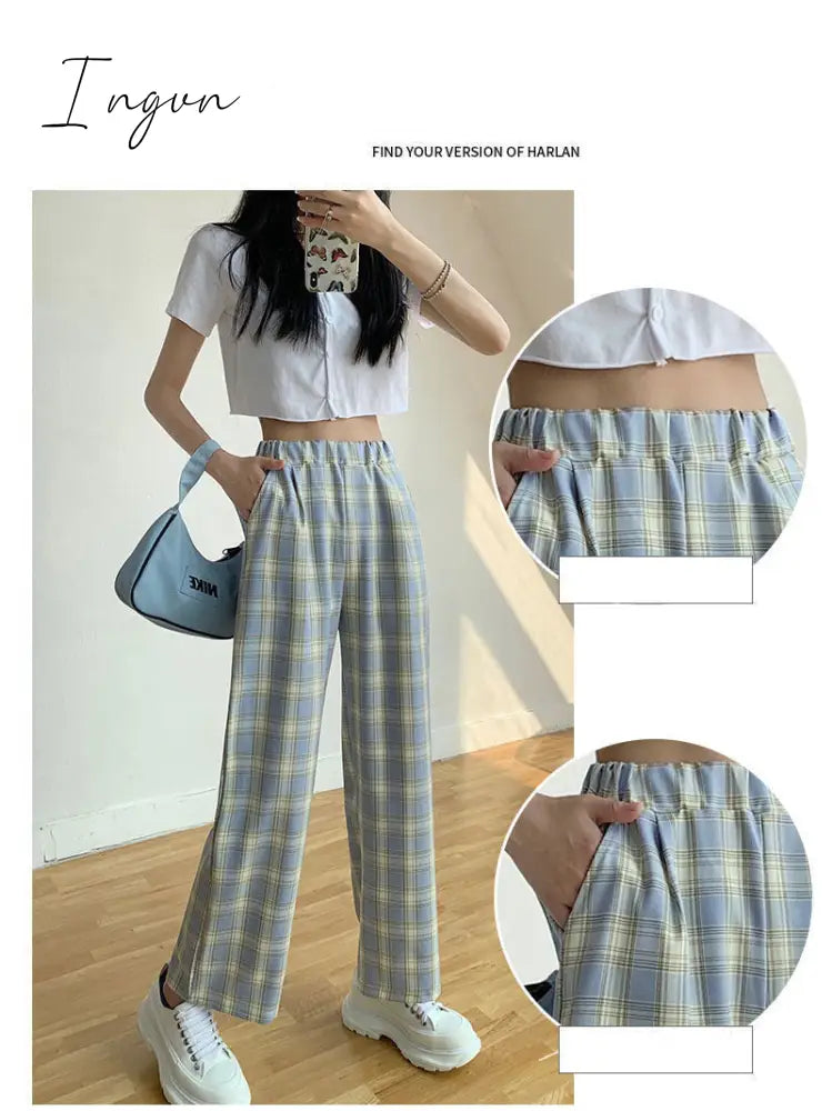 Ingvn - Vintage Plaid Pants Women High Waist Plus Size Wide Leg Casual Female Trousers Summer Joggers Clothes Streetwear Girl Pants