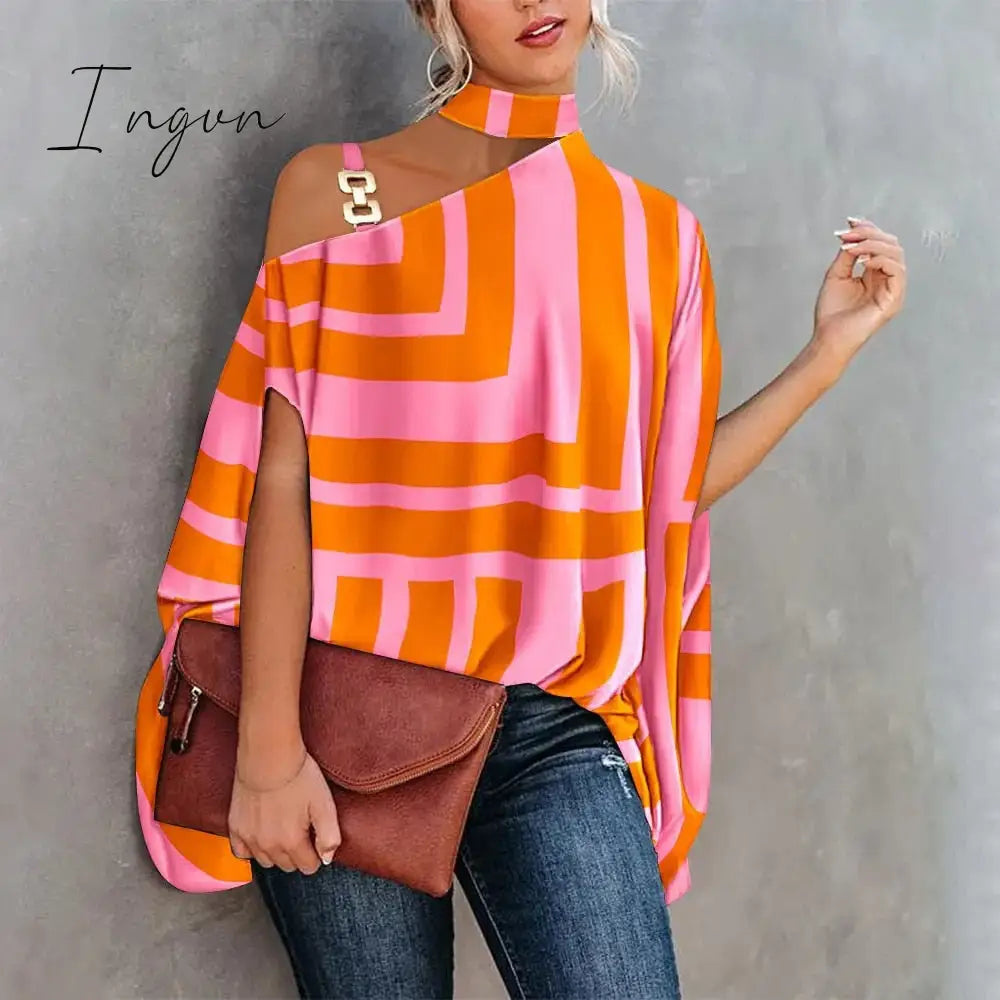 Ingvn - Women Metal Halter Hollow Out Print Top Patchwork Short Sleeve Loose Summer Blouse Femme Fashion Pullovers Casual Youth New