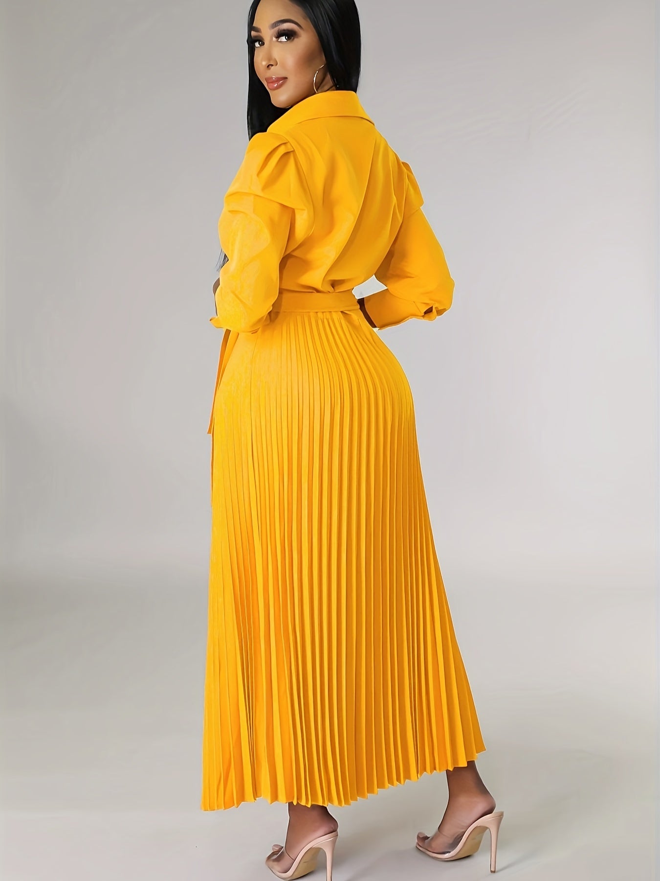 Solid Pleated Dress, Elegant Knotted V Neck 3/4 Sleeve Dress, Women's Clothing